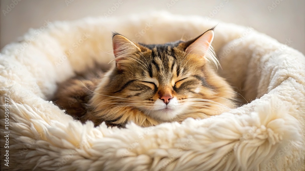 Obraz premium A tabby cat with closed eyes, peacefully sleeping in a fluffy bed, its soft fur blending with the white bedding.