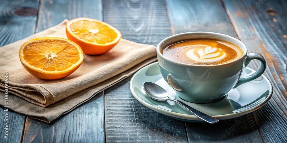 A cup of freshly brewed coffee with a delicate latte art design, accompanied by a slice of citrus fruit, set on a rustic wooden surface. A cup of freshly brewed coffee with a delicate latte art design, accompanied by a slice of citrus fruit, set on a rustic wooden surface.