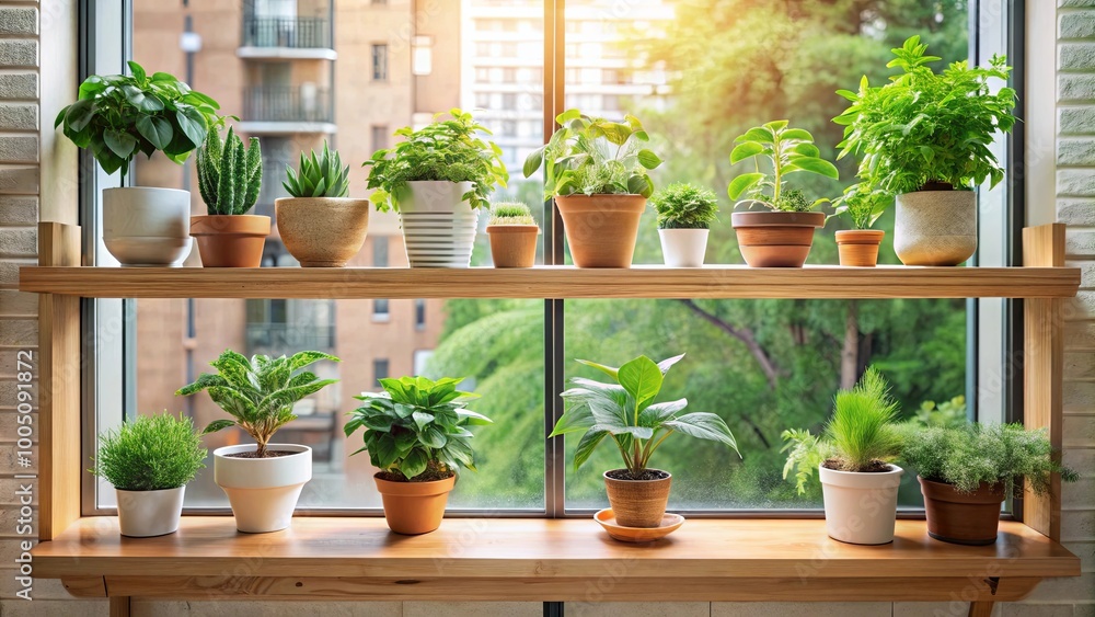 A windowsill with a collection of potted plants arranged on a wooden shelf, bathed in the warm glow of sunlight. A windowsill with a collection of potted plants arranged on a wooden shelf, bathed in the warm glow of sunlight.