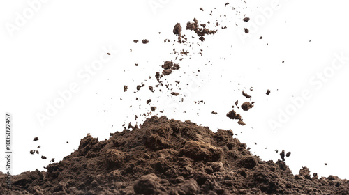 flying dirt, soil pile scattered isolated on transparent white background, clipping path