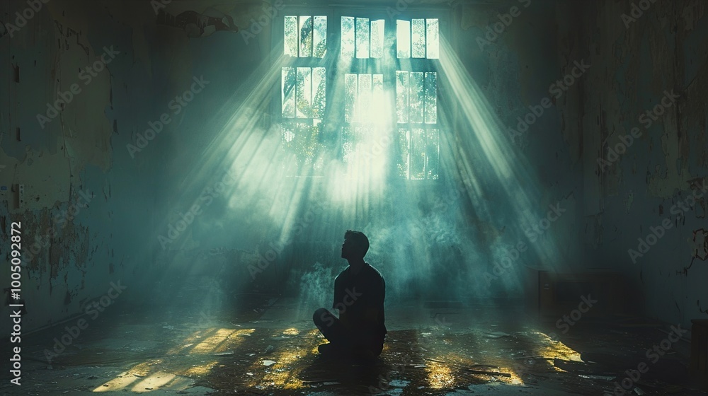 Silhouette of a Man Contemplating in a Sunlit Abandoned Room Silhouette of a Man Contemplating in a Sunlit Abandoned Room