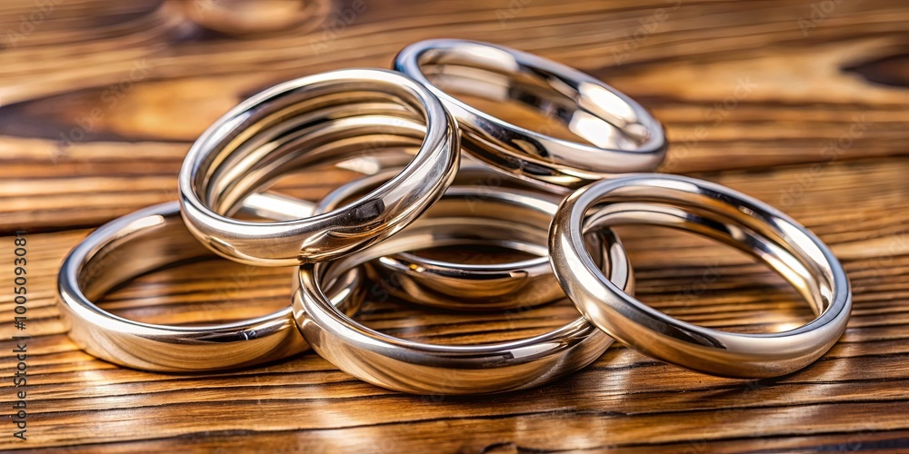 A collection of smooth, polished metal rings arranged on a wooden surface, showcasing the reflective properties of the material. A collection of smooth, polished metal rings arranged on a wooden surface, showcasing the reflective properties of the material.