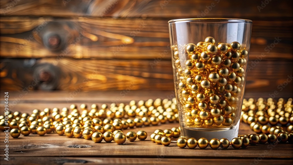 A glass filled with golden spheres, spilling onto a rustic wooden surface, forming a sparkling chain of wealth and luxury. A glass filled with golden spheres, spilling onto a rustic wooden surface, forming a sparkling chain of wealth and luxury.