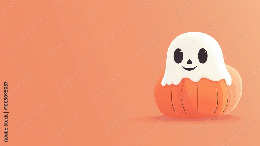 Obraz premium A cute ghost sits on a pumpkin, perfect for Halloween.