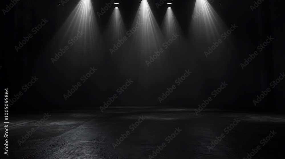 Obraz premium Four spotlights shining in dark room with spotlight effect