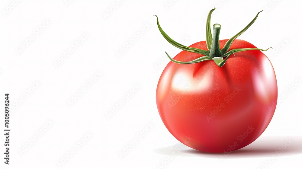 Single Red Tomato with Green Stem on White Background Single Red Tomato with Green Stem on White Background