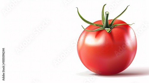 Single Red Tomato with Green Stem on White Background