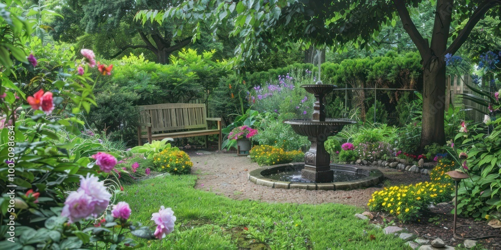 A quiet garden with blooming flowers, a small fountain, and a bench under a tree, creating a peaceful retreat A quiet garden with blooming flowers, a small fountain, and a bench under a tree, creating a peaceful retreat