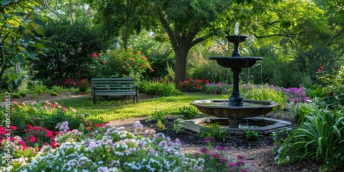 A quiet garden with blooming flowers, a small fountain, and a bench under a tree, creating a peaceful retreat