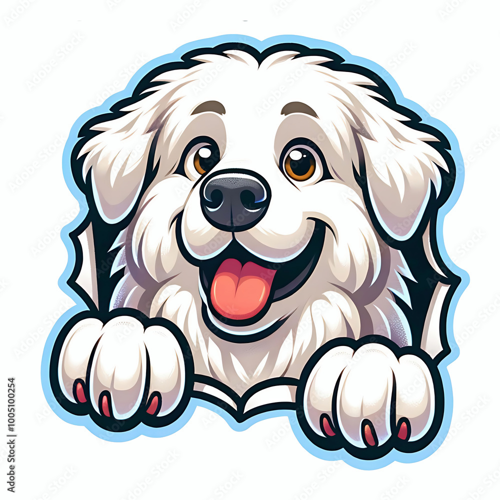 Fototapeta premium Cute kuvasz puppy dog peeking out from a torn hole cartoon illustration clip art element design