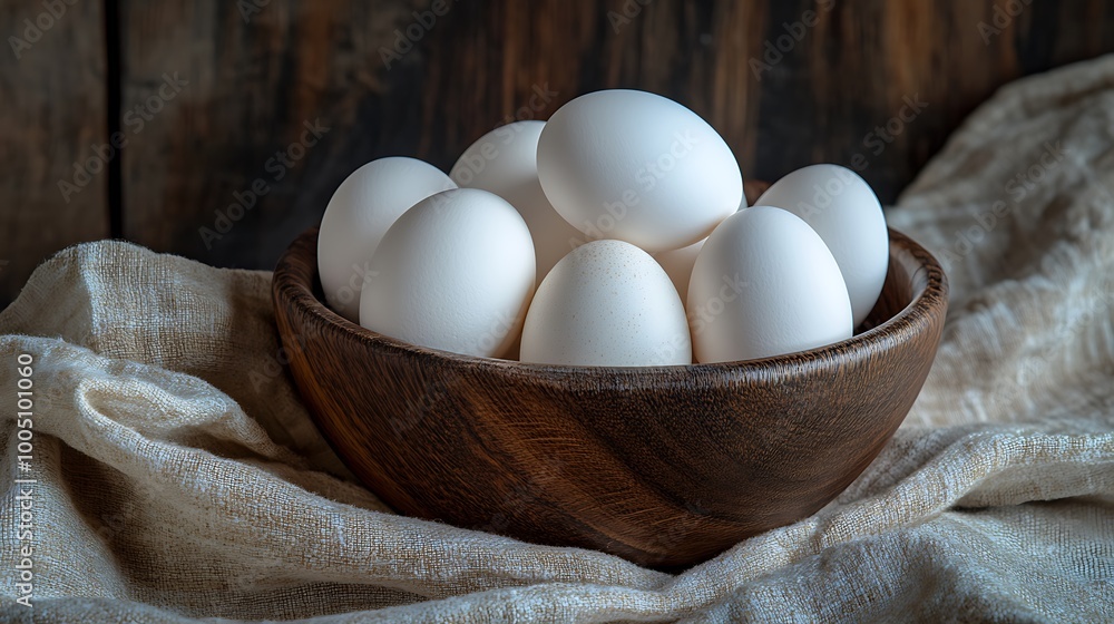White Eggs in a Wooden Bowl on Linen Cloth White Eggs in a Wooden Bowl on Linen Cloth