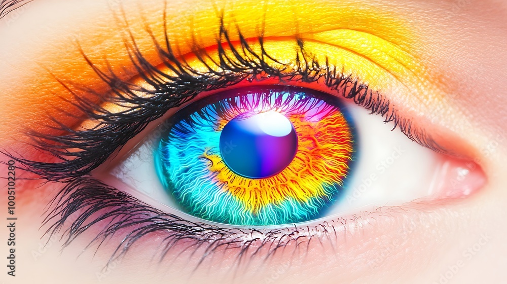 a dazzling display of technicolor hues merging together to craft a lifelike human eye iris with a captivating visual impact.