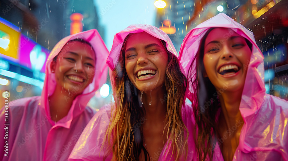 Group of joyful young women in pink raincoats laughing in the rain. Group of joyful young women in pink raincoats laughing in the rain.