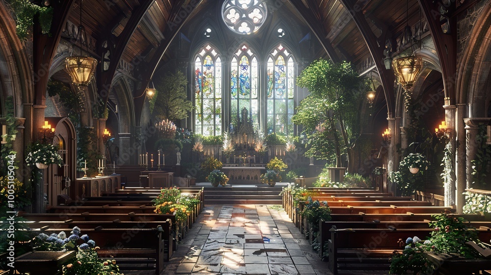 Fototapeta premium Gothic Church Interior with Floral Decor - A Serene Wedding Setting