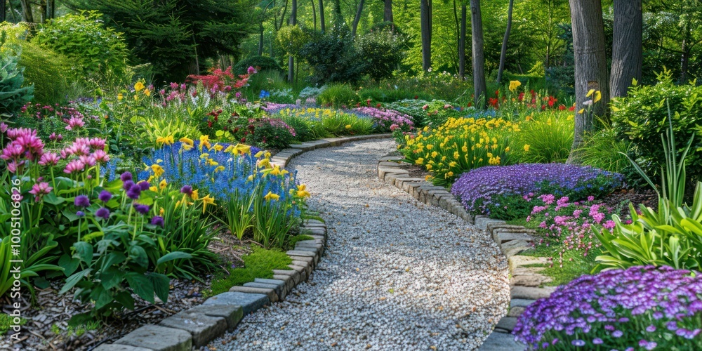 custom made wallpaper toronto digitalA tranquil garden scene with a stone path winding through blooming flower beds and tall trees