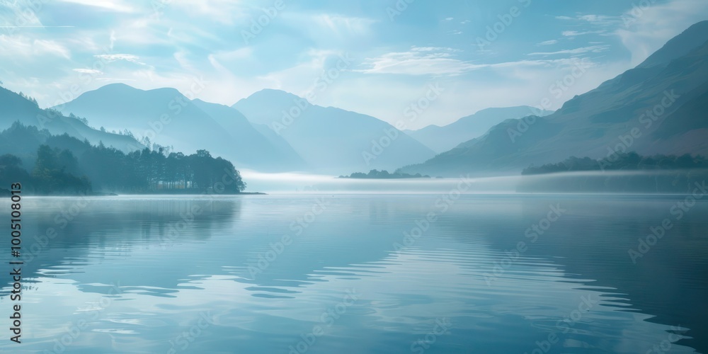 A tranquil lakeside scene with calm water, a soft mist rising in the morning light, and a distant mountain range A tranquil lakeside scene with calm water, a soft mist rising in the morning light, and a distant mountain range