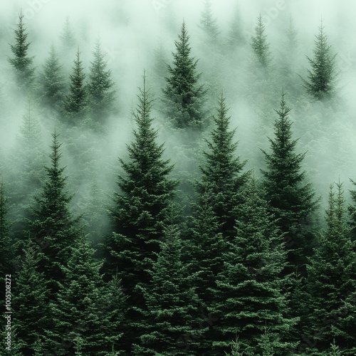 Mystical Evergreen Forest Shrouded in Morning Mist: Enchanting Nature Scenery with Dense Tree Canopy and Serene Atmosphere for Relaxation