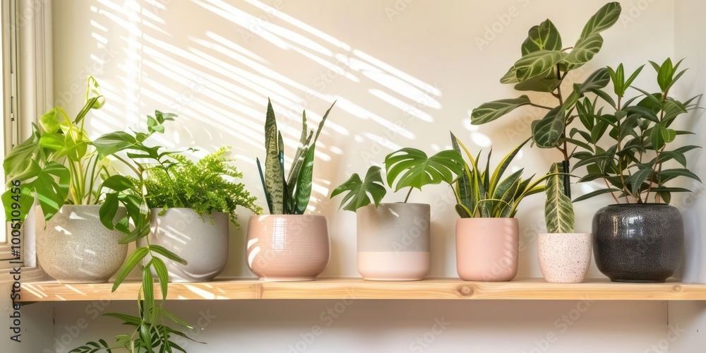 A variety of indoor plants in stylish pots arranged on a wooden shelf in a bright living room A variety of indoor plants in stylish pots arranged on a wooden shelf in a bright living room