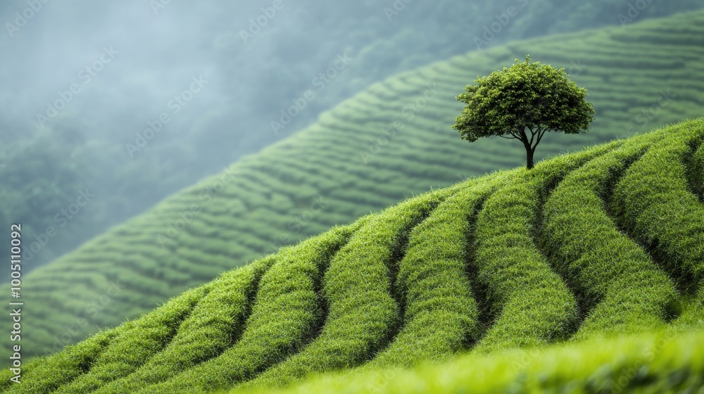 Fototapeta premium A solitary tree stands amidst lush green terraced fields, shrouded in gentle morning mist, creating a tranquil atmosphere