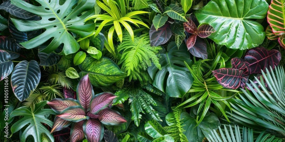 Fototapeta premium A vibrant background of dense foliage, featuring different shades of green and tropical plants