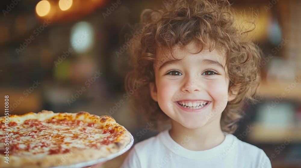 A cheerful child is laughing and holding a plate of pizza, enjoying a delightful experience while dining at a restaurant A cheerful child is laughing and holding a plate of pizza, enjoying a delightful experience while dining at a restaurant