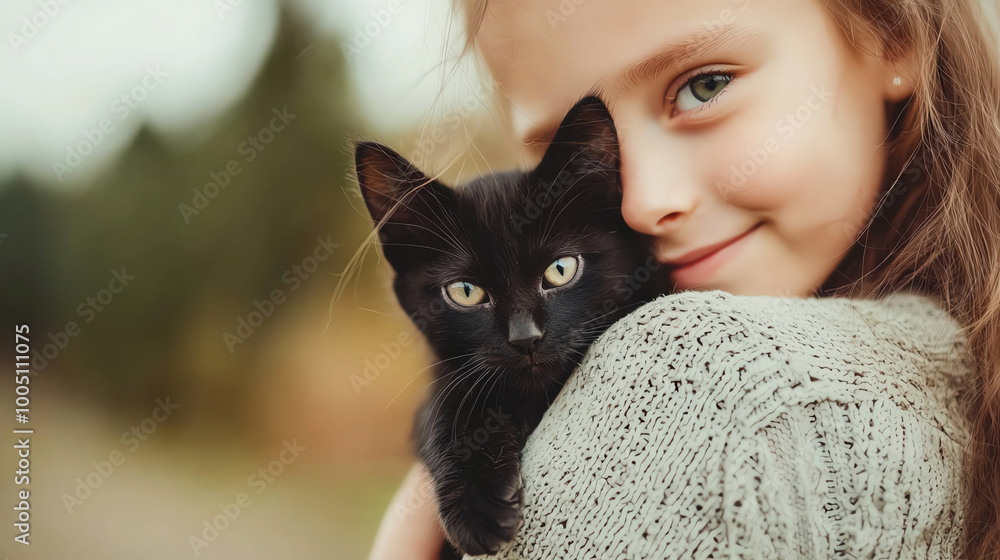 A girl embracing a black cat with a soft smile in a natural outdoor setting. A girl embracing a black cat with a soft smile in a natural outdoor setting.