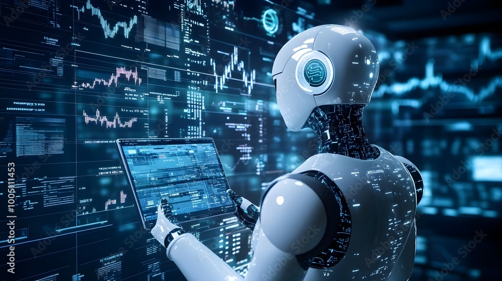 An AI robot analyzing a luminous stock chart displaying market predictions, with digital graphs and data overlays, capturing the essence of AI-driven forecasting in financial movements An AI robot analyzing a luminous stock chart displaying market predictions, with digital graphs and data overlays, capturing the essence of AI-driven forecasting in financial movements