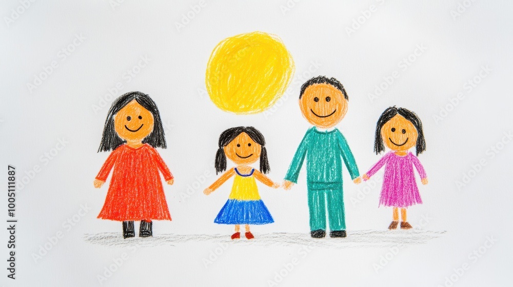 A colorful crayon drawing showcases a happy mixed race family with two adults and a daughter enjoying a sunny day together A colorful crayon drawing showcases a happy mixed race family with two adults and a daughter enjoying a sunny day together