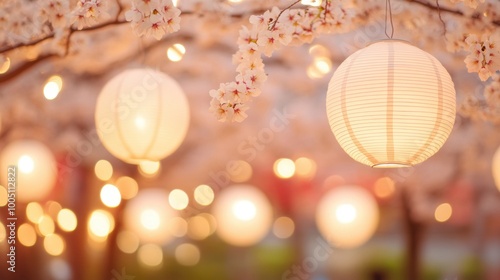 Softly glowing lanterns hang amidst blooming cherry blossoms, creating a tranquil atmosphere during a spring evening