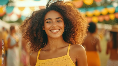 A joyful woman dances exuberantly at a lively summer festival, surrounded by colorful decorations and cheerful people enjoying the festivities photo