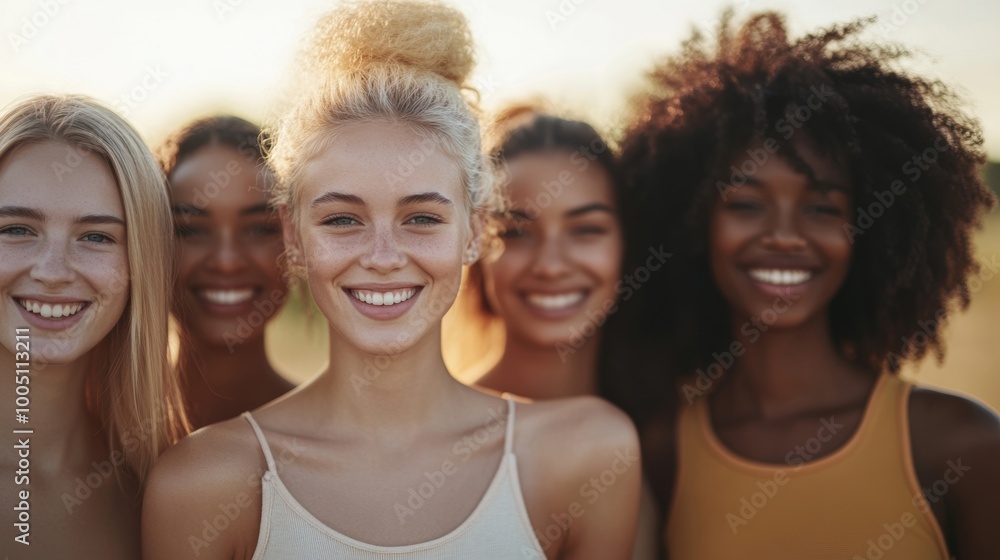 Young women of different backgrounds express joy and friendship while enjoying a beautiful sunset outdoors Young women of different backgrounds express joy and friendship while enjoying a beautiful sunset outdoors