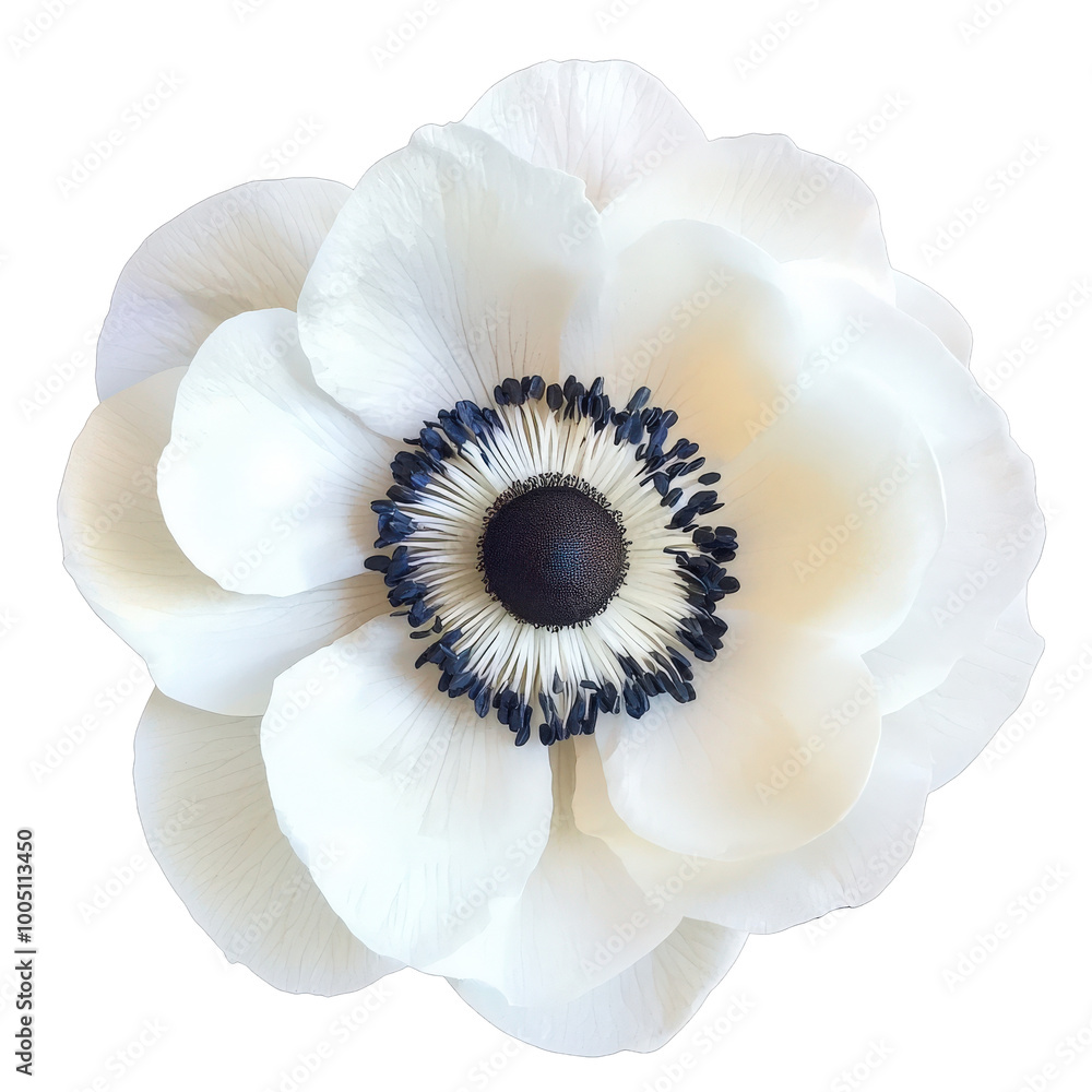 White Anemone Flower with Black Center and Petals isolated on transparency background. White Anemone Flower with Black Center and Petals isolated on transparency background.
