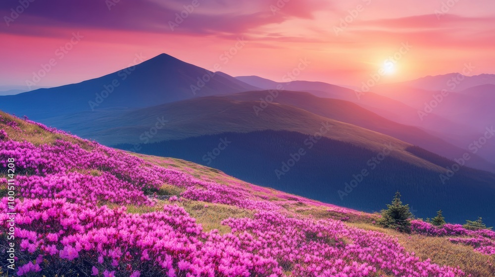 A stunning sunrise illuminates mountains while vibrant flowers bloom in the foreground, creating a peaceful and picturesque landscape A stunning sunrise illuminates mountains while vibrant flowers bloom in the foreground, creating a peaceful and picturesque landscape
