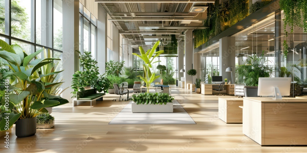 An open-plan office with green plants placed throughout, bringing a fresh and natural vibe to the space
