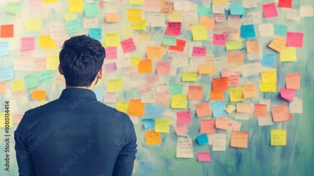 A man stands thoughtfully in front of a wall filled with vibrant sticky notes, considering his next steps in a creative project A man stands thoughtfully in front of a wall filled with vibrant sticky notes, considering his next steps in a creative project