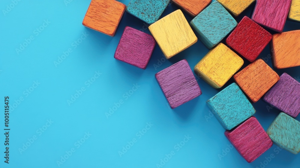 Brightly colored wooden blocks scattered on a blue surface, perfect for encouraging imaginative play and educational exploration Brightly colored wooden blocks scattered on a blue surface, perfect for encouraging imaginative play and educational exploration