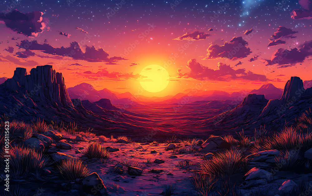 Warm Western Desert Sunset: Beautiful Mountain Landscape Illustration Warm Western Desert Sunset: Beautiful Mountain Landscape Illustration