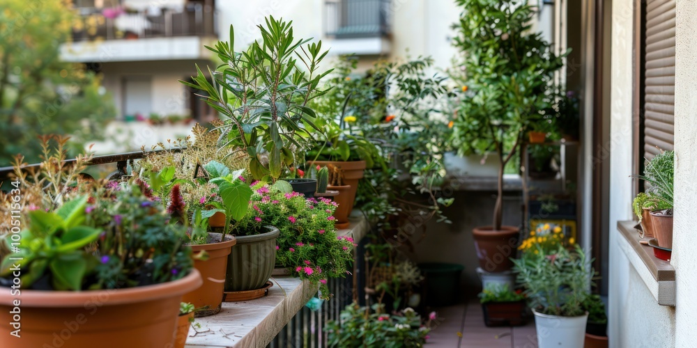 A balcony filled with potted plants of various types, creating a cozy and inviting outdoor space A balcony filled with potted plants of various types, creating a cozy and inviting outdoor space