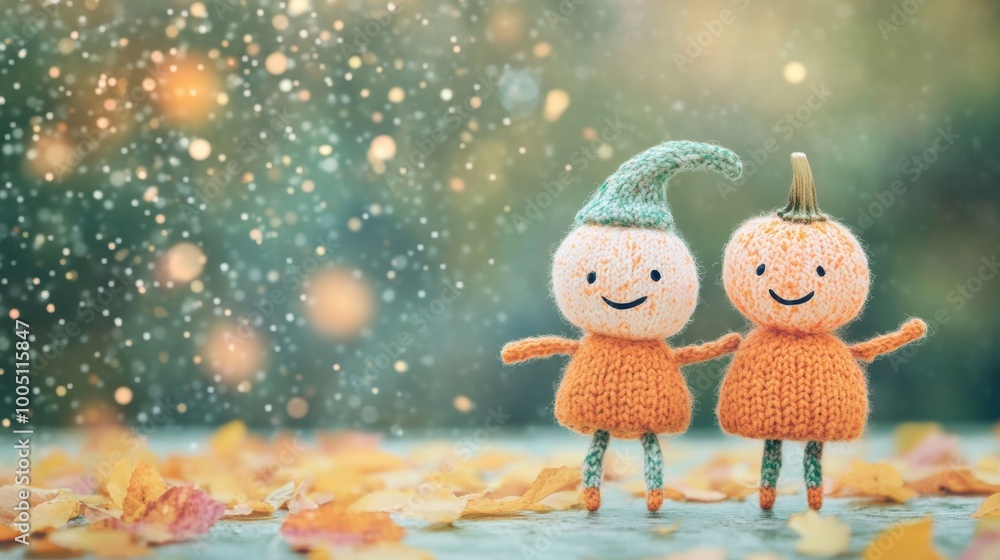 Two adorable dancing pumpkin dolls enjoy the beauty of autumn while surrounded by vibrant fallen leaves and a soft, magical background Two adorable dancing pumpkin dolls enjoy the beauty of autumn while surrounded by vibrant fallen leaves and a soft, magical background