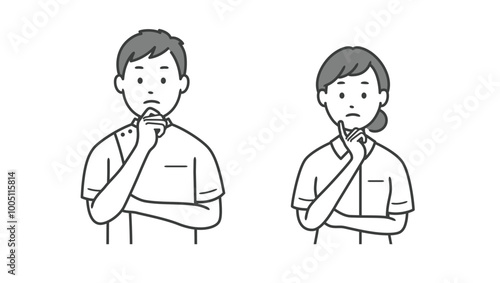 顔に手を当てて悩む看護師男女の上半身イラスト