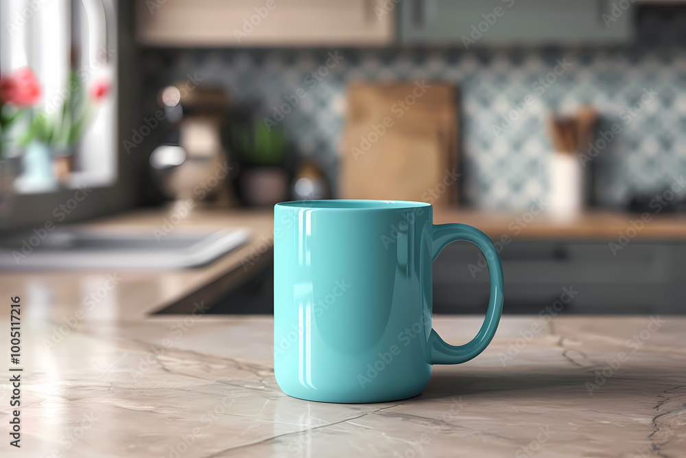 A bright turquoise mug rests on a marble counter in a modern kitchen, surrounded by soft natural light and subtle decor. A bright turquoise mug rests on a marble counter in a modern kitchen, surrounded by soft natural light and subtle decor.