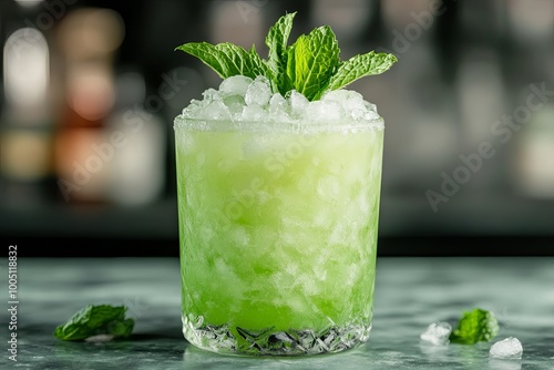 Refreshing mint cocktail served in a glass filled with crushed ice, garnished with fresh mint leaves, on a bar countertop. Generative AI