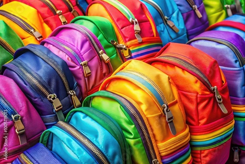 Vibrant and diverse school backpacks stacked haphazardly, showcasing a rainbow of colors, zippers, and straps, evoking a sense of youthful energy and playful chaos. photo