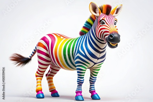 Vibrant, anthropomorphic zebra with bright, bold stripes, smiling face, and energetic pose, set against a soft, white background, conveying playfulness and childlike wonder. photo