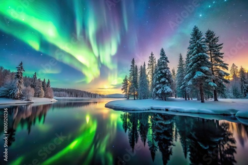 Wallpaper Mural Vibrant aurora borealis lights up a serene night sky above a tranquil frozen lake, surrounded by snow-covered trees, in this breathtaking winter wonderland landscape. Torontodigital.ca