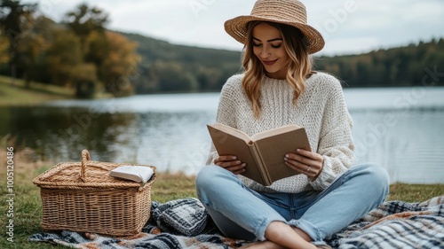 Young woman reading a book by a serene lake, dressed in cozy attire. photo