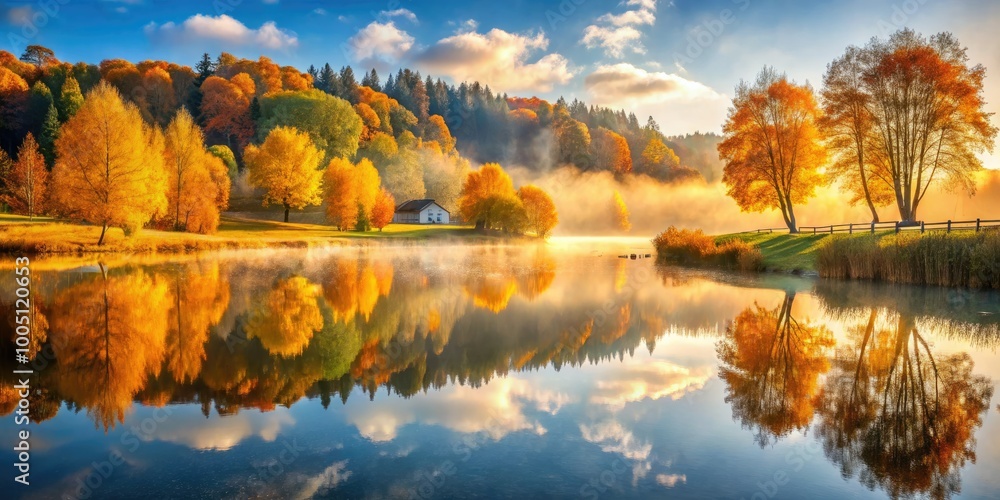 Obraz premium Vibrant autumn foliage surrounds serene lake reflections, capturing warm sunlight and misty atmosphere in a peaceful rural landscape scene perfect for seasonal promotions.