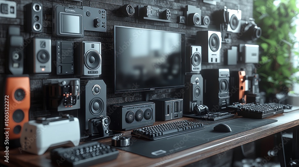 Modern workspace featuring audio and visual equipment. Modern workspace featuring audio and visual equipment.