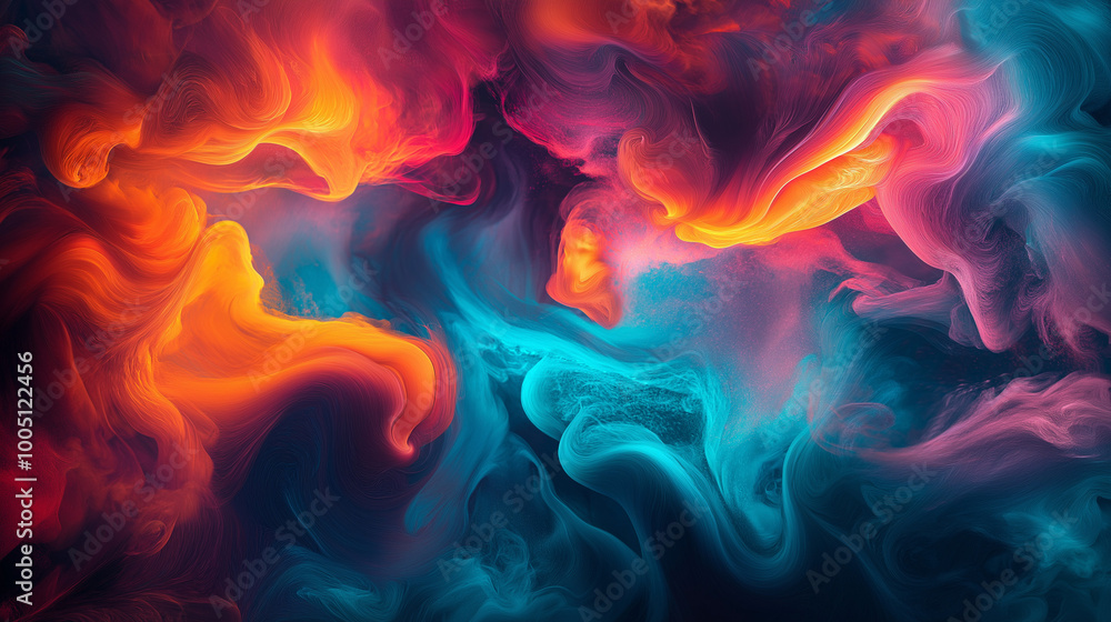 A vibrant and dynamic interplay of colors and shapes, reminiscent of swirling fluids or smoke. Dominant hues include deep blues, fiery oranges, and soft pinks. A vibrant and dynamic interplay of colors and shapes, reminiscent of swirling fluids or smoke. Dominant hues include deep blues, fiery oranges, and soft pinks.