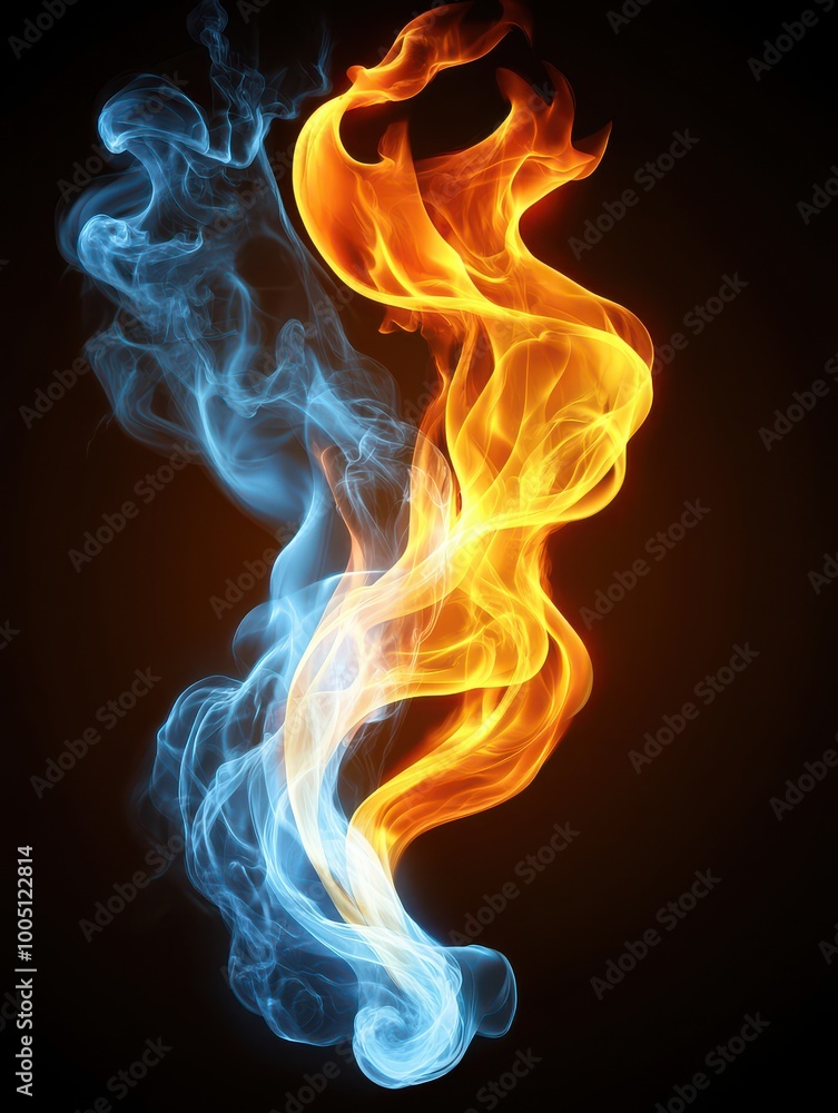 Captivating Abstract Art of Blue and Orange Flames Interweaving - Dynamic Fire and Ice Concept on Black Background Captivating Abstract Art of Blue and Orange Flames Interweaving - Dynamic Fire and Ice Concept on Black Background